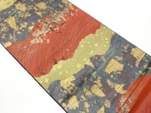 服部織物製　こはく錦道長取に流水・草・色紙散らし模様織出し袋帯